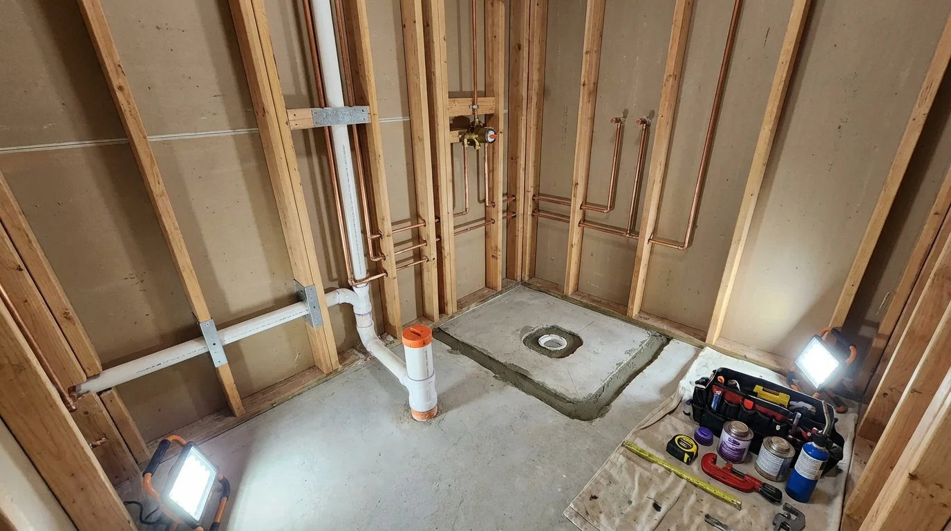Bathroom rough-in plumbing during remodel by Johns Plumbing LLC in Shiner