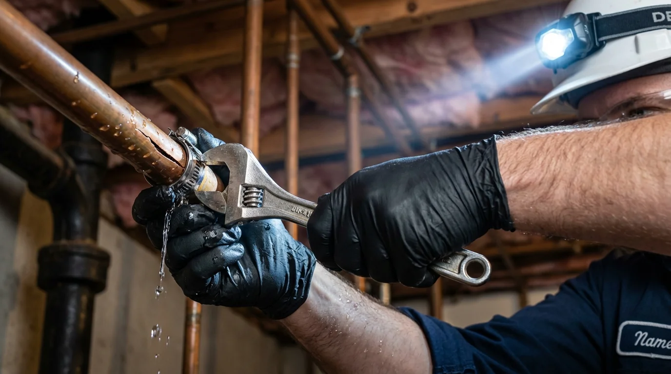Emergency pipe clamp repair being performed by a Johns Plumbing LLC plumber in Shiner