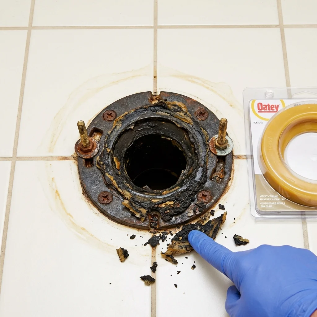 Failed wax ring showing water seepage at the base of a toilet in a Shiner, TX home