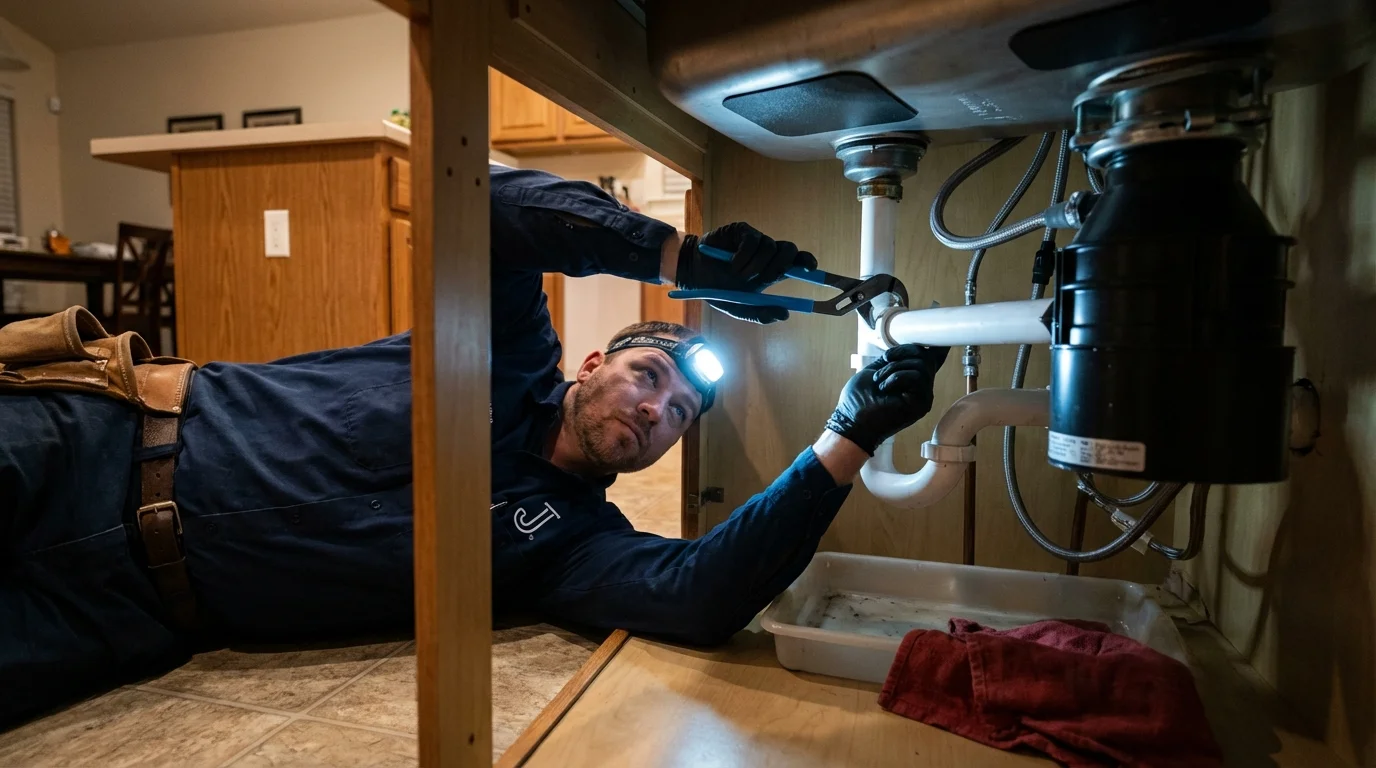 P-trap and supply line connections under a kitchen sink showing a common leak point in Shiner, TX
